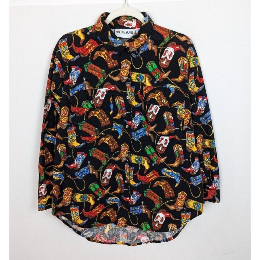 Vintage On the Verge L Novelty Western Rodeo Cowboy Boot Lasso Button Shirt Top